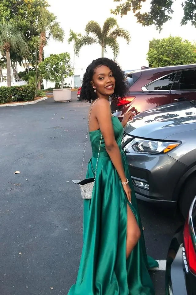 Hunter Green Satin Prom Dresses,Strapless Maxi Long Dress with Side Slit