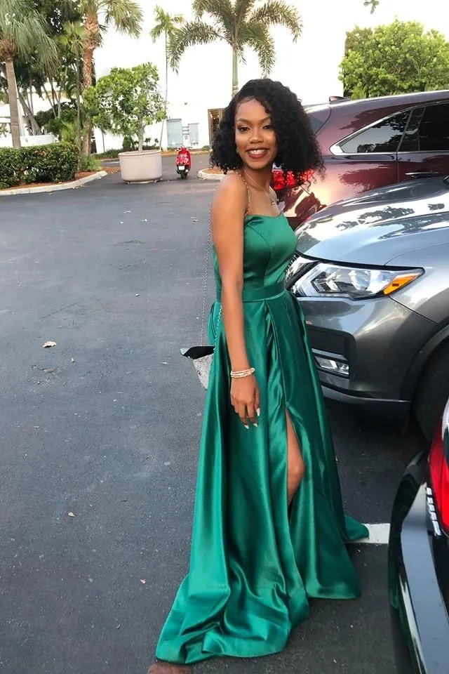 Hunter Green Satin Prom Dresses,Strapless Maxi Long Dress with Side Slit