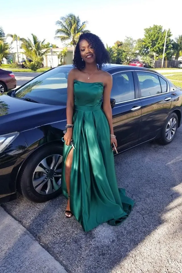 Hunter Green Satin Prom Dresses,Strapless Maxi Long Dress with Side Slit