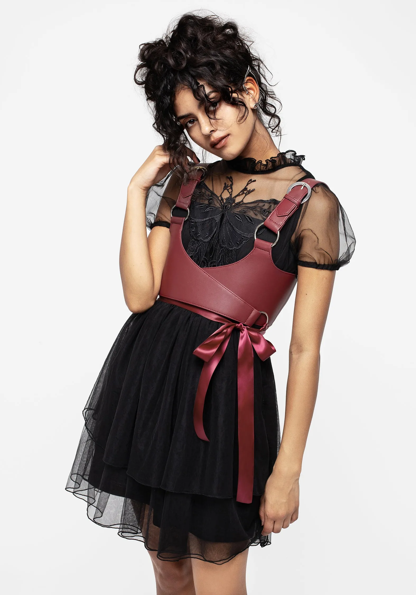 Hysteria Butterfly Applique Frill Neck Tulle Mini Dress