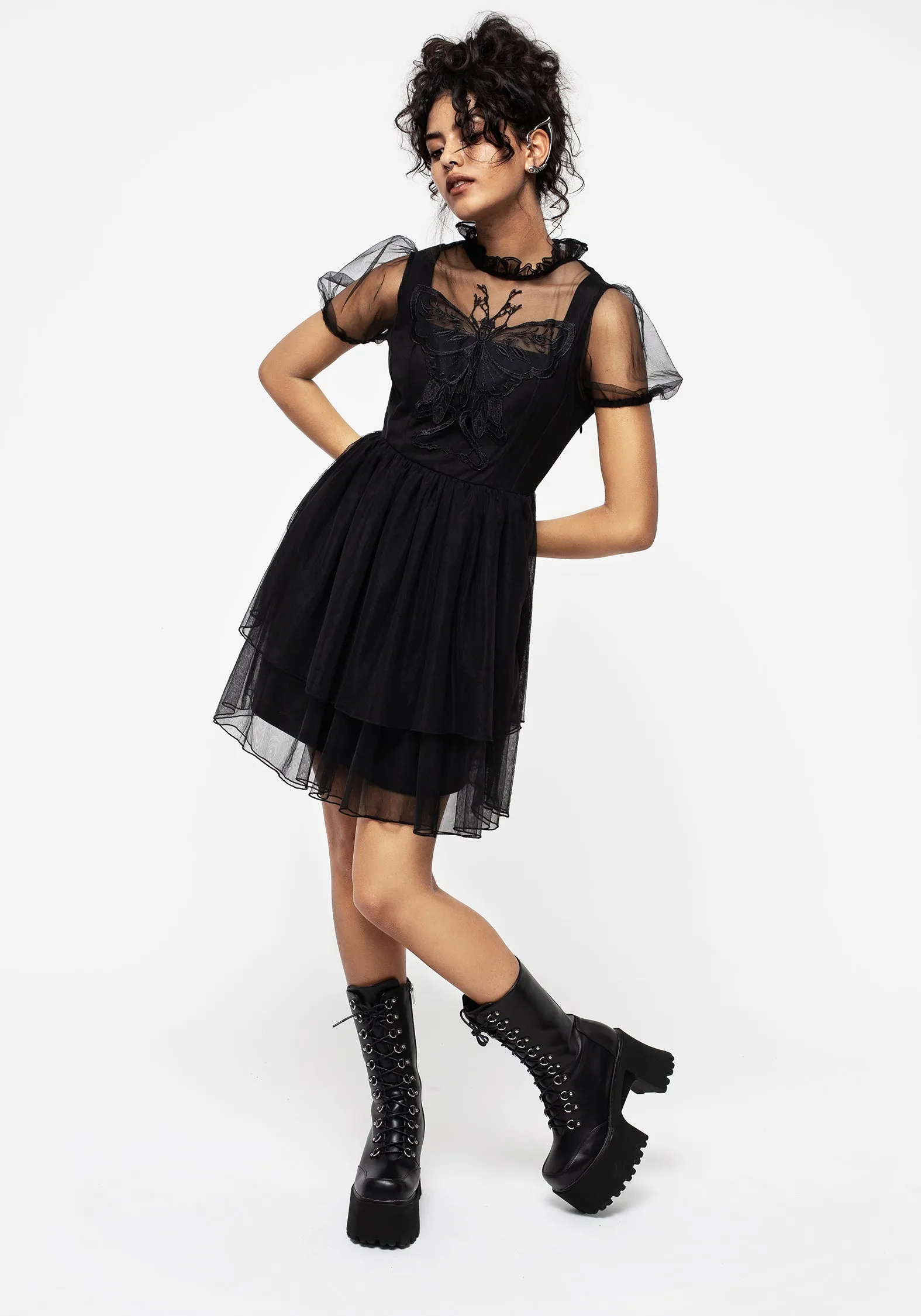 Hysteria Butterfly Applique Frill Neck Tulle Mini Dress