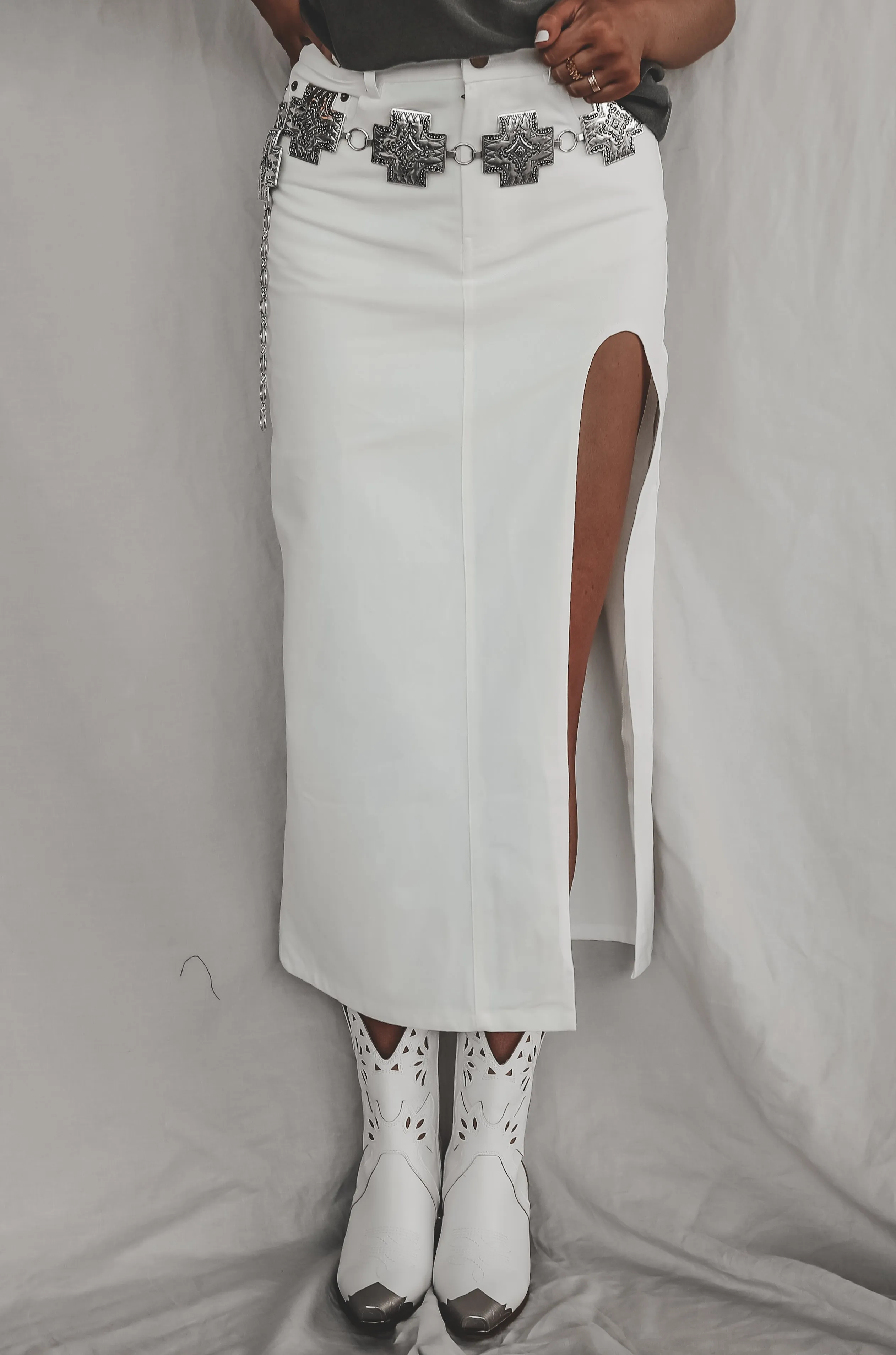 In The Mood For A Party High Slit White Denim Maxi