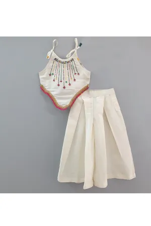 Ivory thread embroidered crop top with flared pants