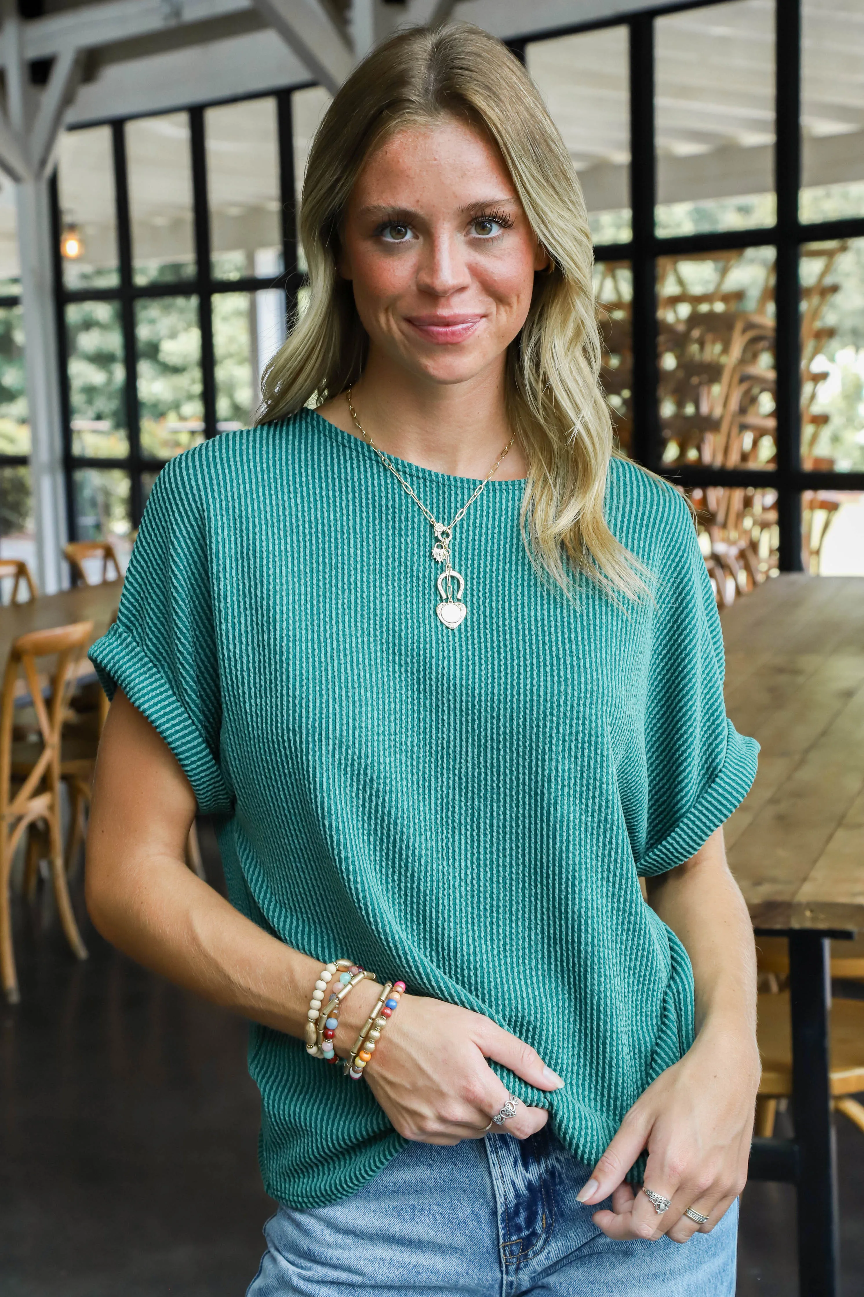 Jana Ribbed Short Sleeve Top, Hunter Green