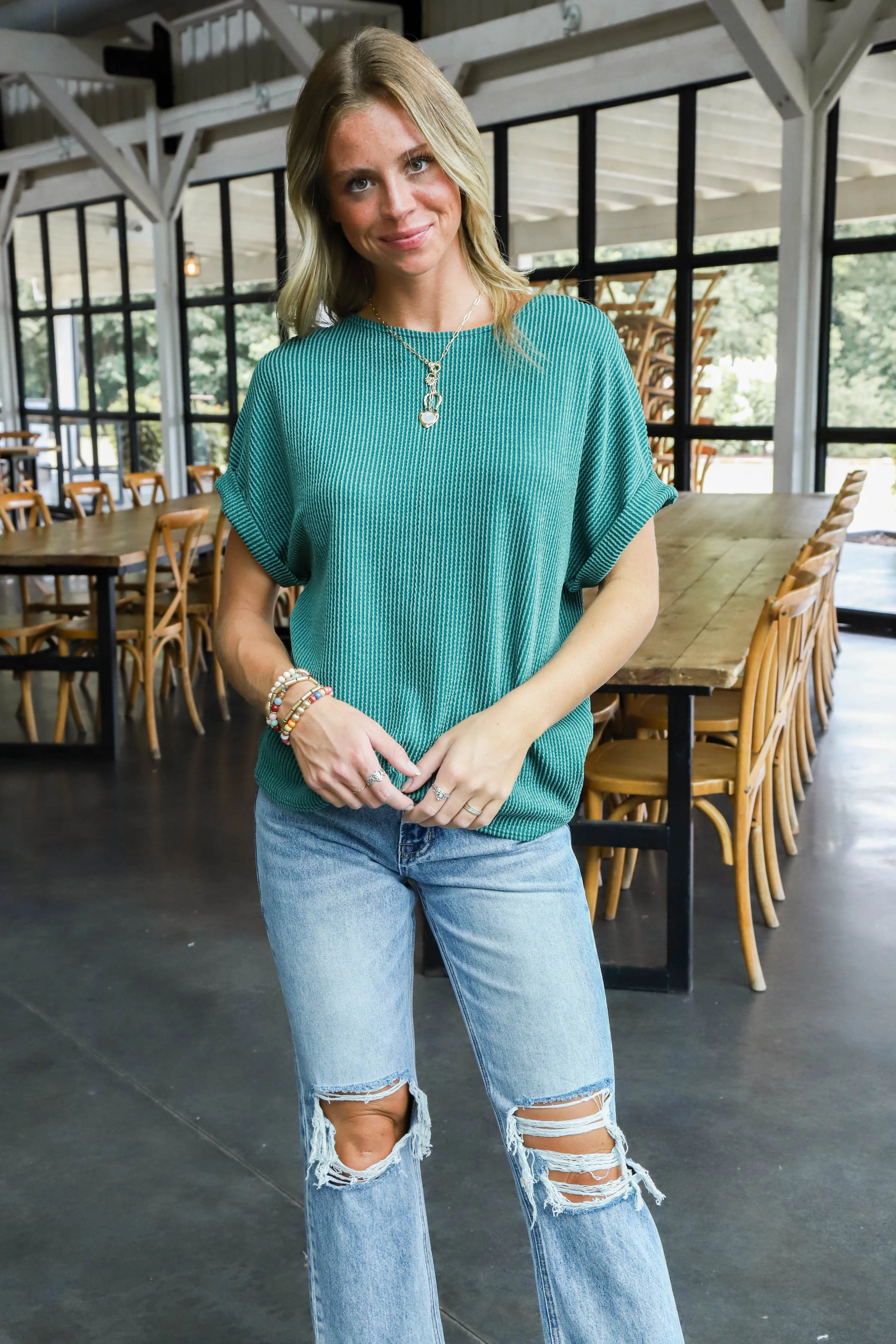 Jana Ribbed Short Sleeve Top, Hunter Green