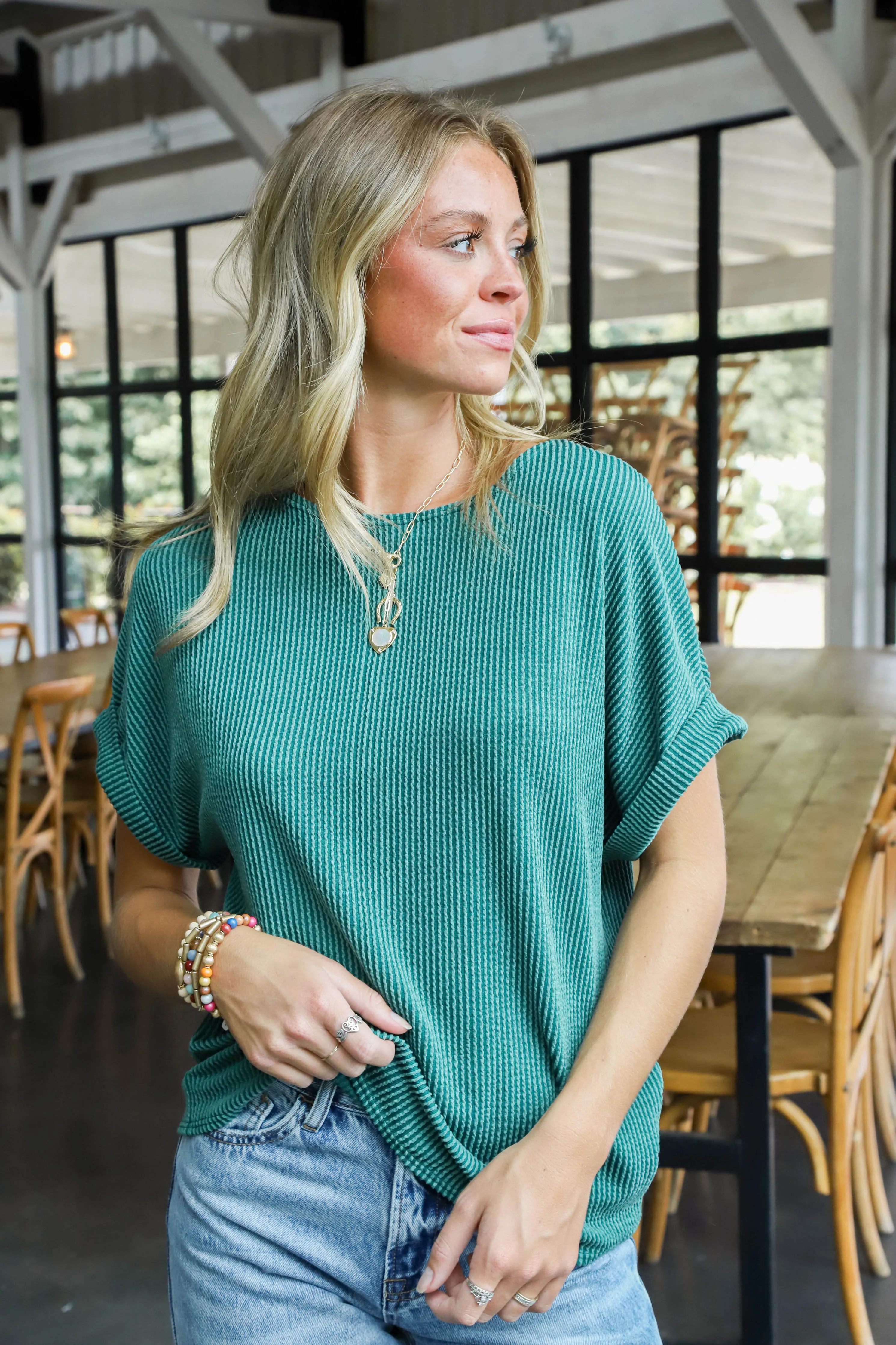 Jana Ribbed Short Sleeve Top, Hunter Green