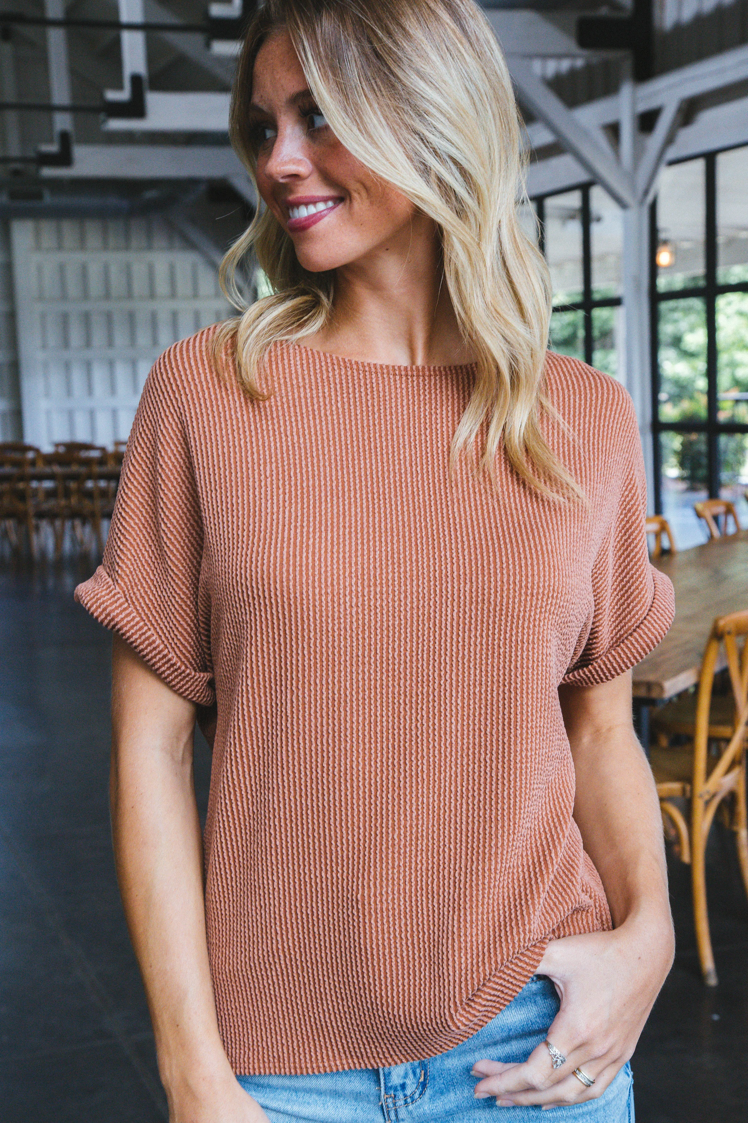 Jana Ribbed Short Sleeve Top, Terracotta