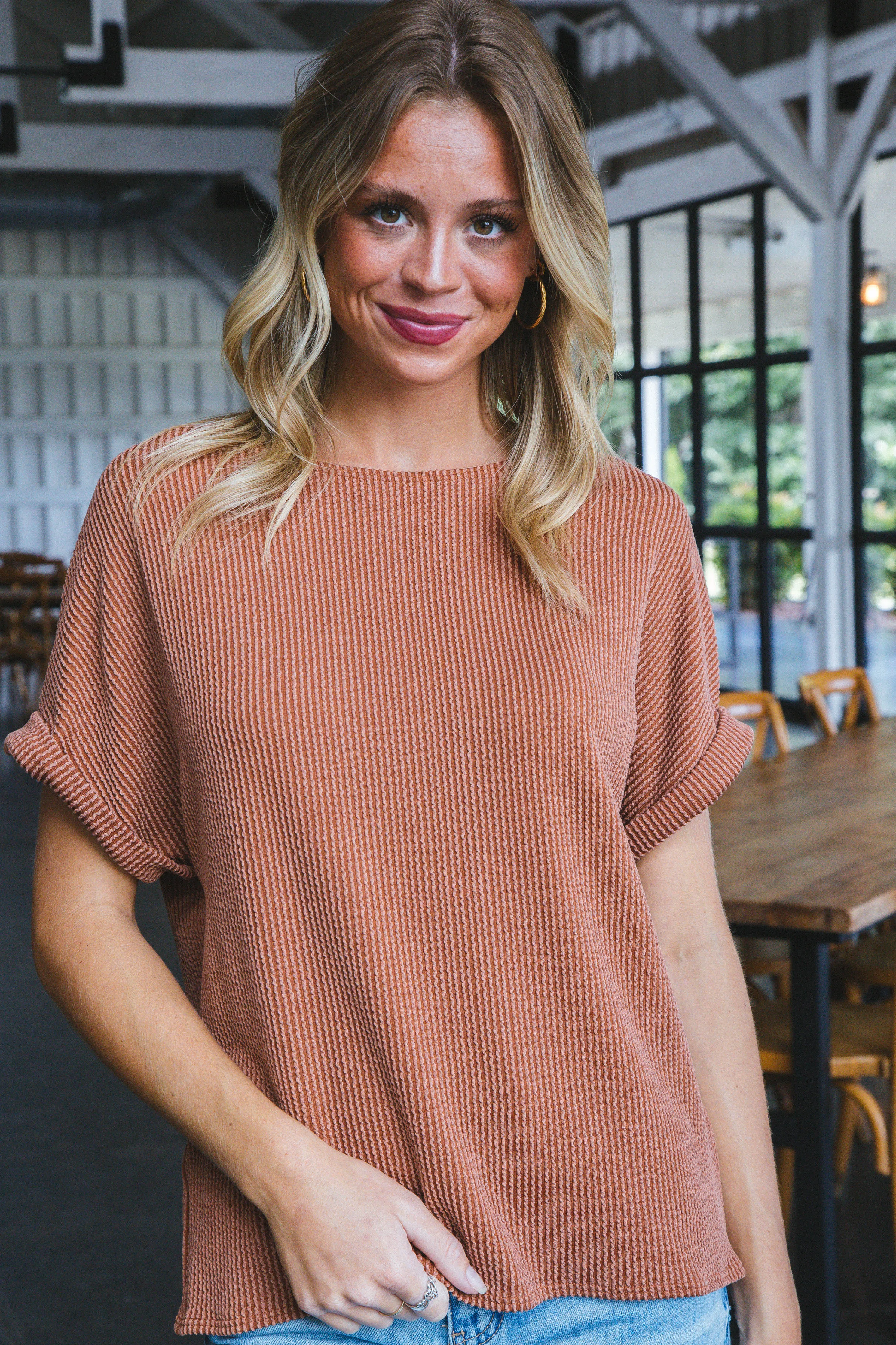 Jana Ribbed Short Sleeve Top, Terracotta