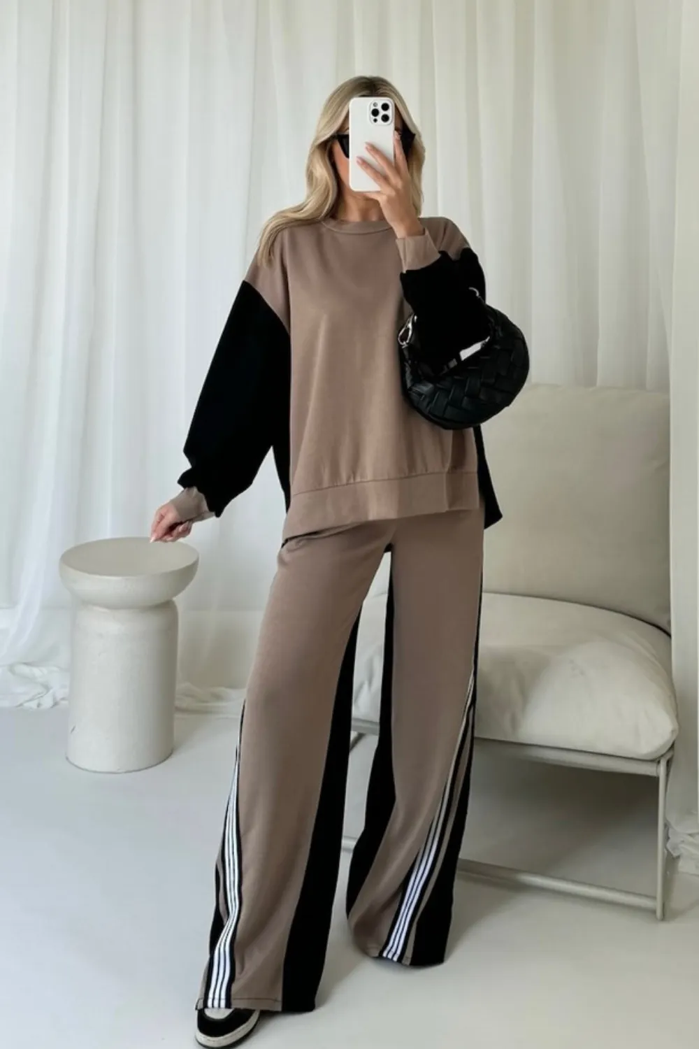 Katie beige contrast sweater lounge set