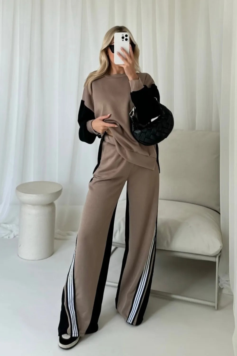 Katie beige contrast sweater lounge set