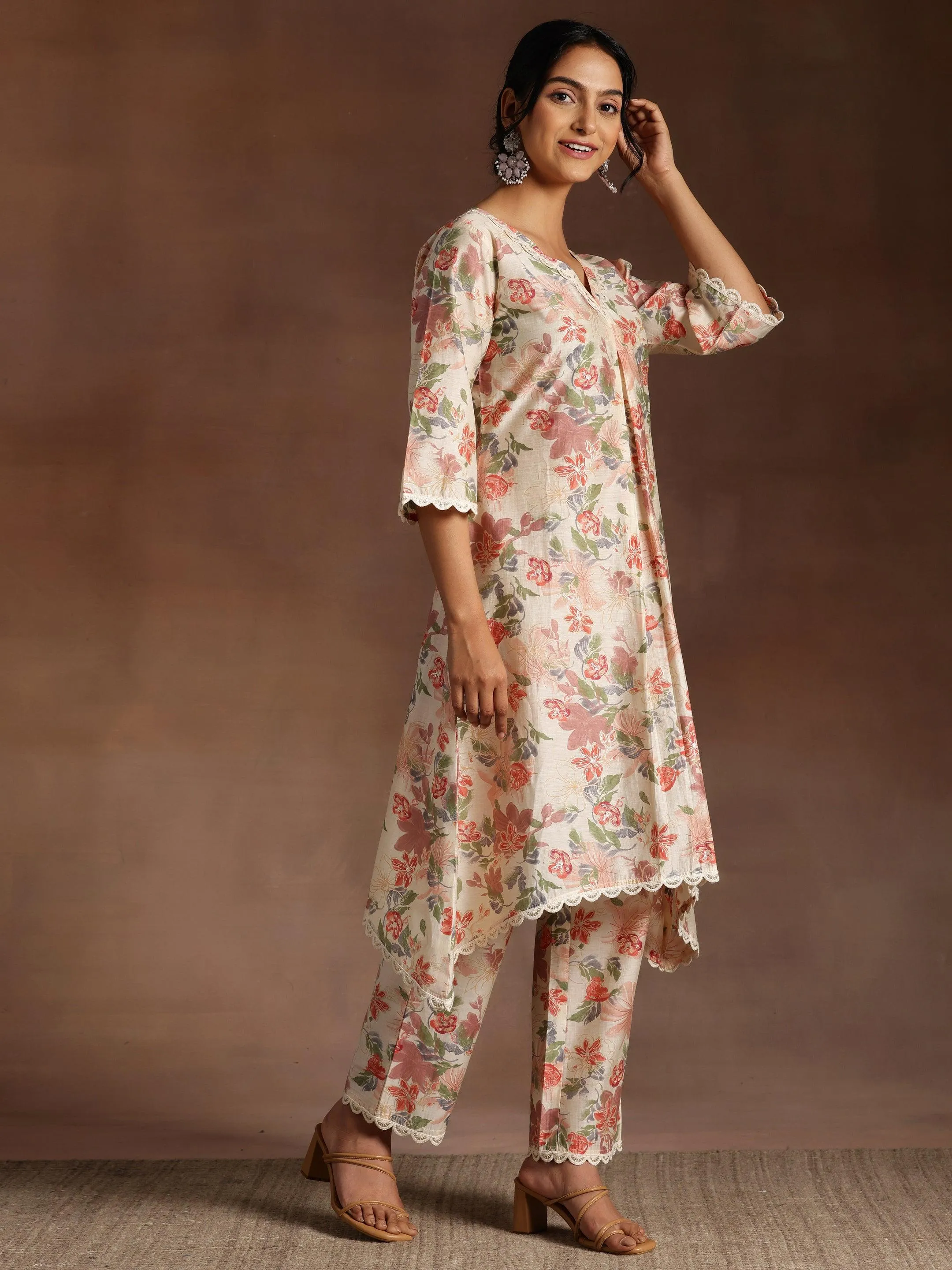 Khwaab Beige Printed Chanderi Silk A-Line Kurta With Trousers