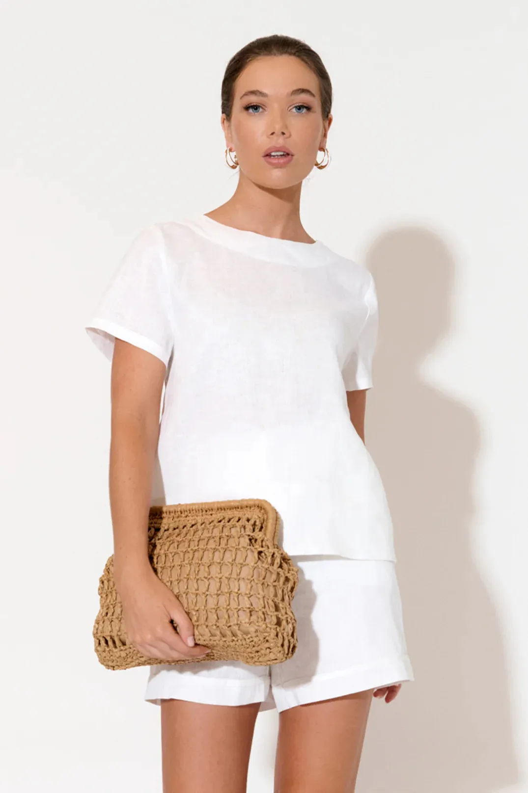 Kita Short Sleeve Button Back Linen Top White