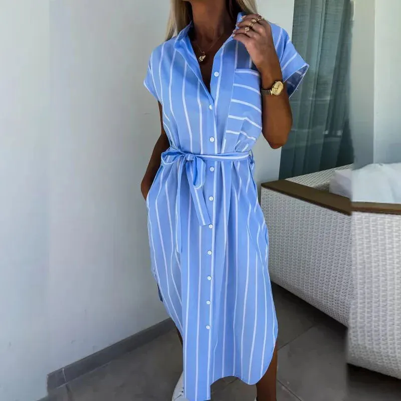 Lady Lapel Short Sleeved Shirt Fashion Striped Printed Single Breasted Casual Lace Up Long Party Office Dress