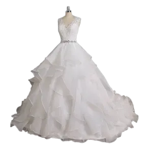 Layered Tulle Skirt Wedding Ballgown Dress Lace Top with Beaded Belt