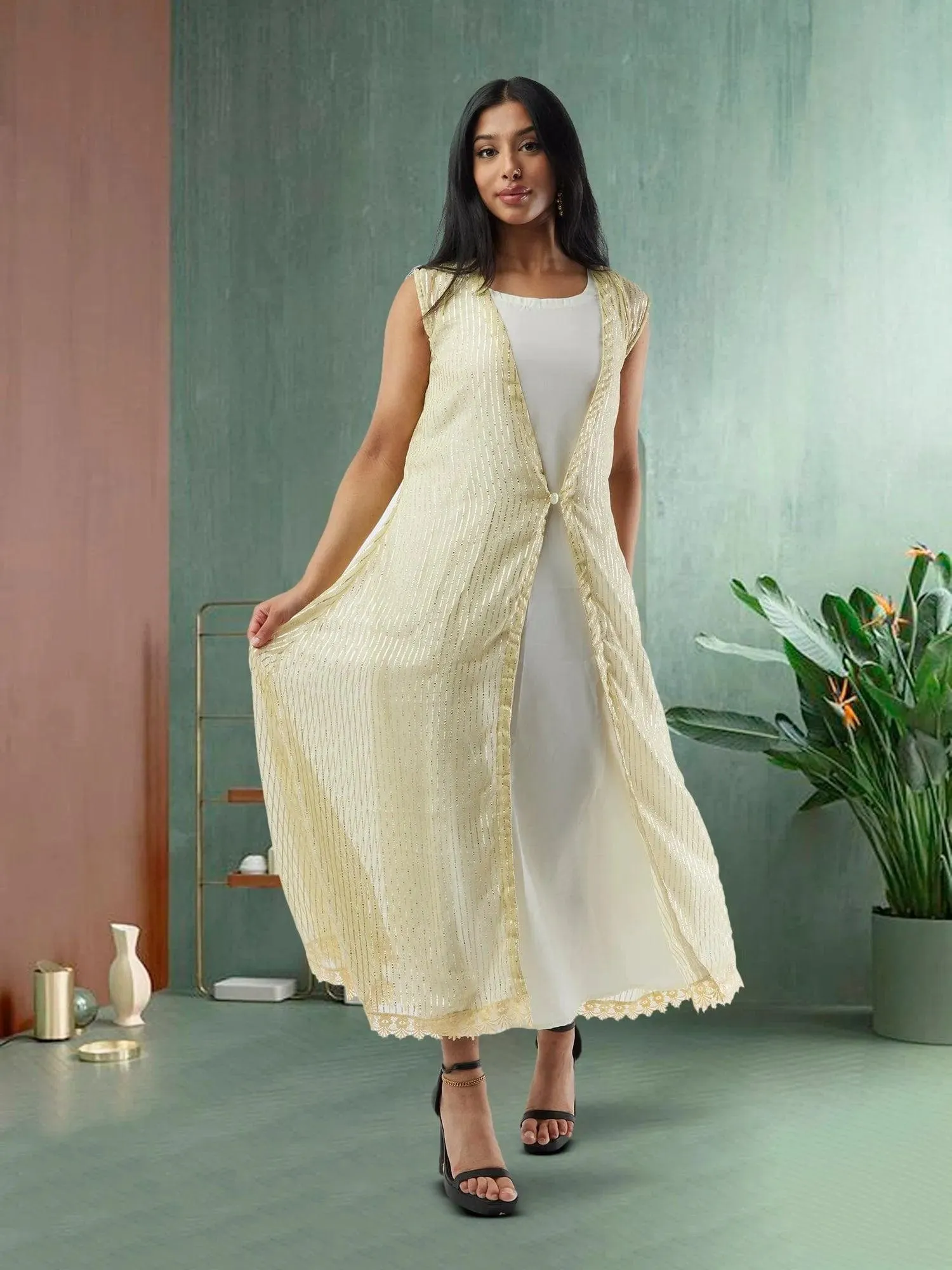 Lemon Yellow and Silver Two Piece Layered Ankle Length Dress | Indo Western Dress