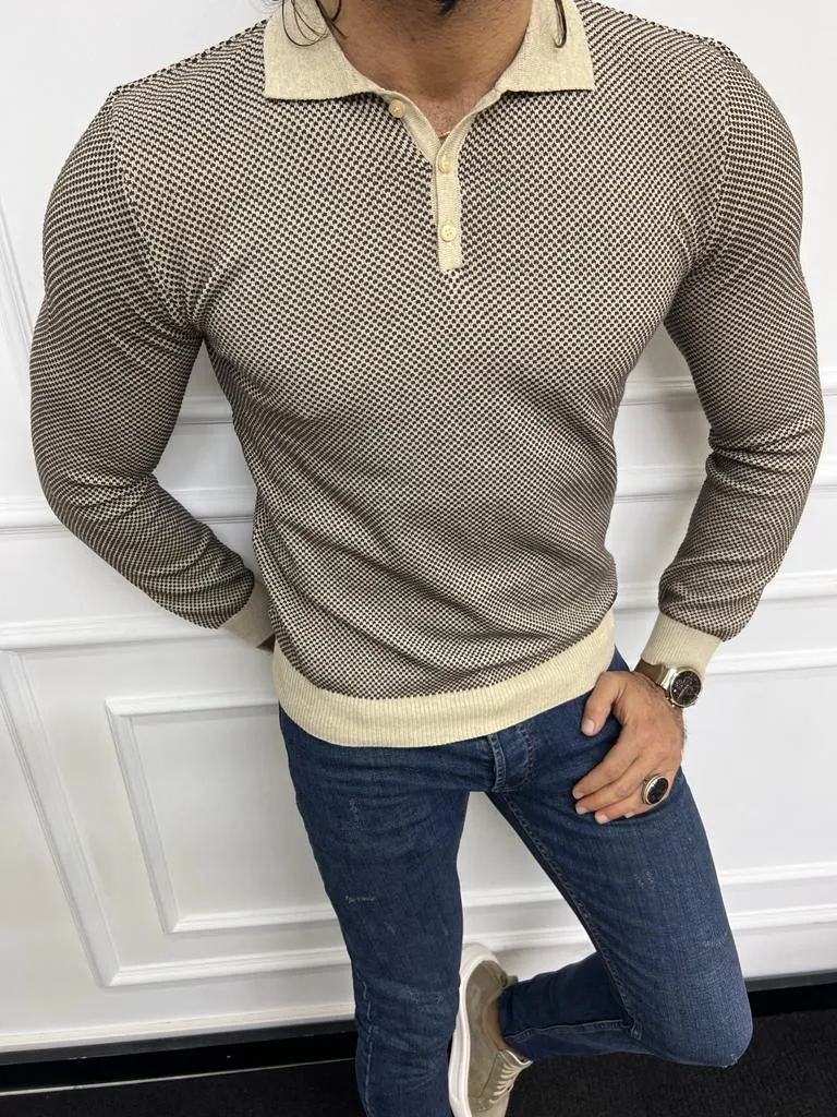 Leon Slim Fit Beige Polo Collared Knit Sweater