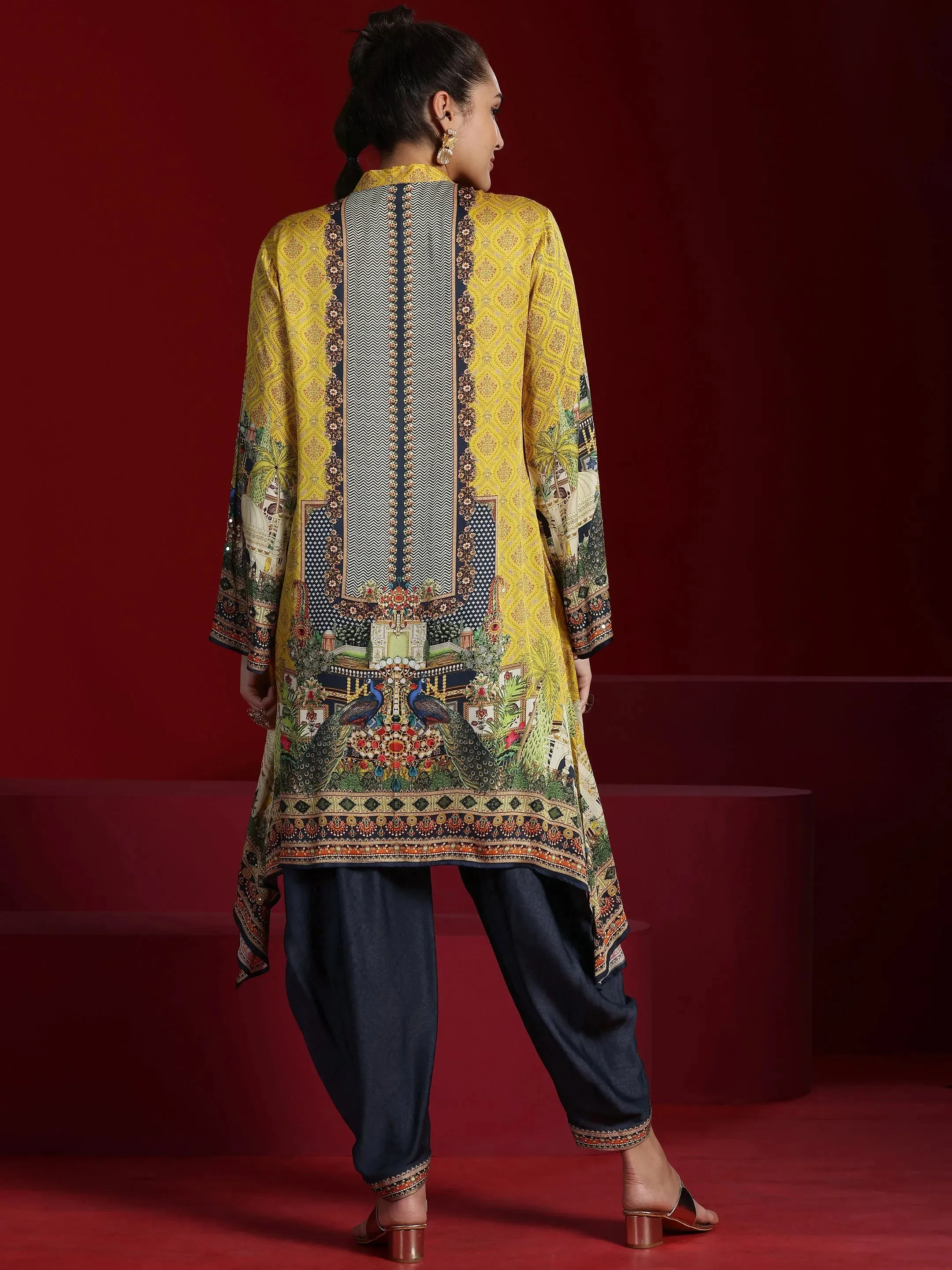 Libas Art Mustard Printed Silk Blend Straight Kurta With Dhoti Pants