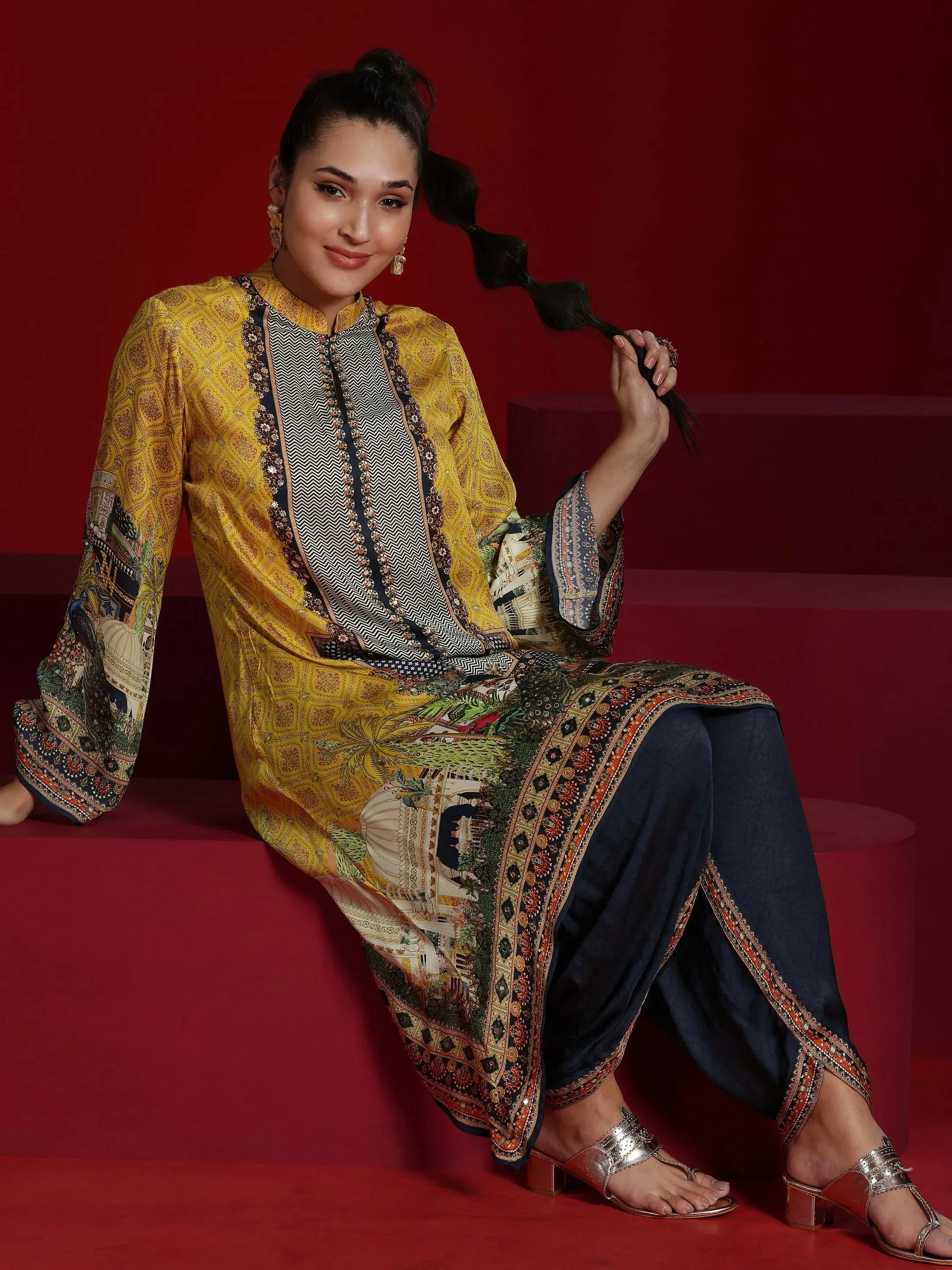 Libas Art Mustard Printed Silk Blend Straight Kurta With Dhoti Pants