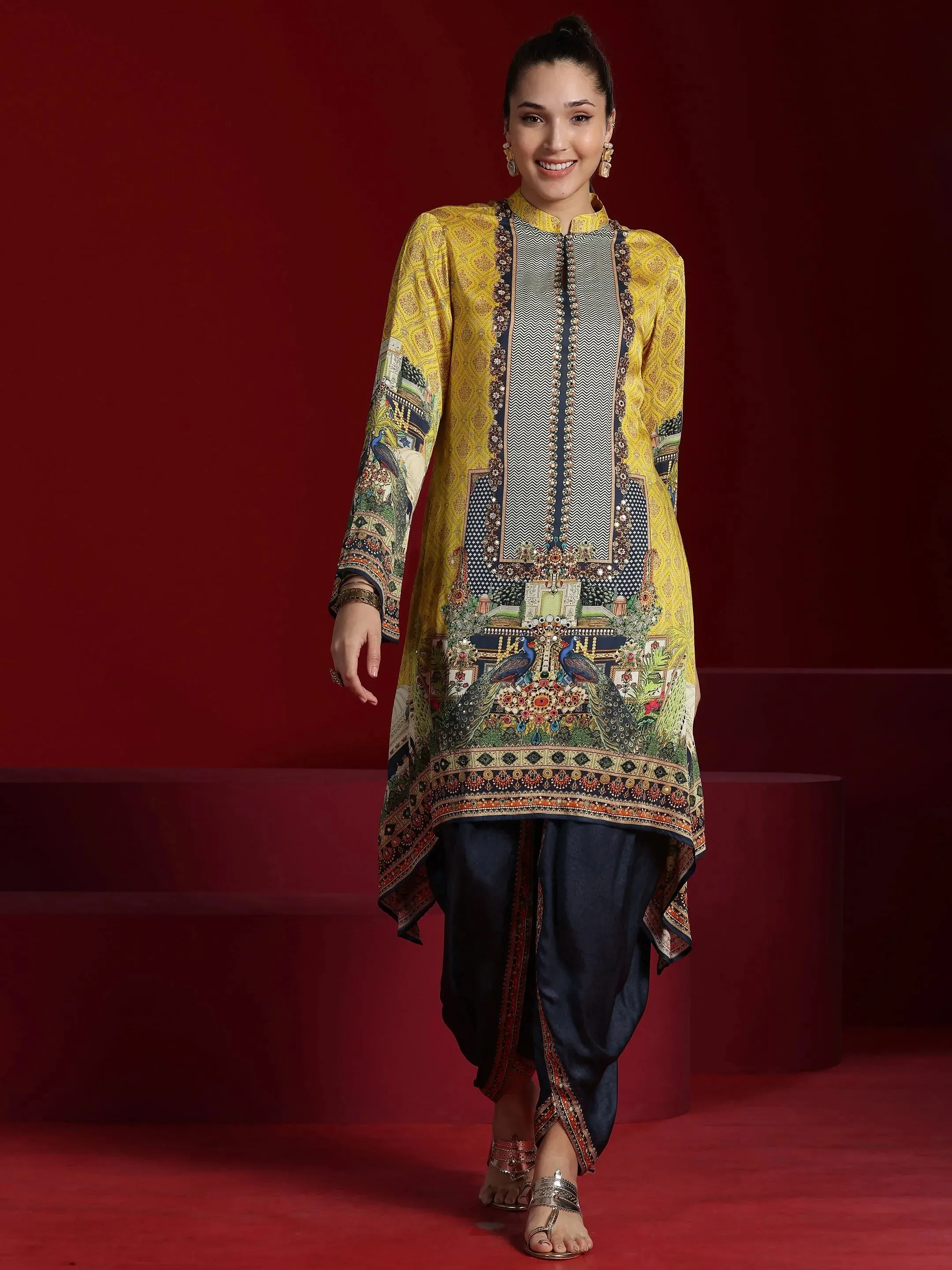 Libas Art Mustard Printed Silk Blend Straight Kurta With Dhoti Pants