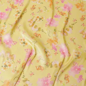 Light mustard yellow silk chiffon fabric with multicolor print in floral design having organza finish-D6637