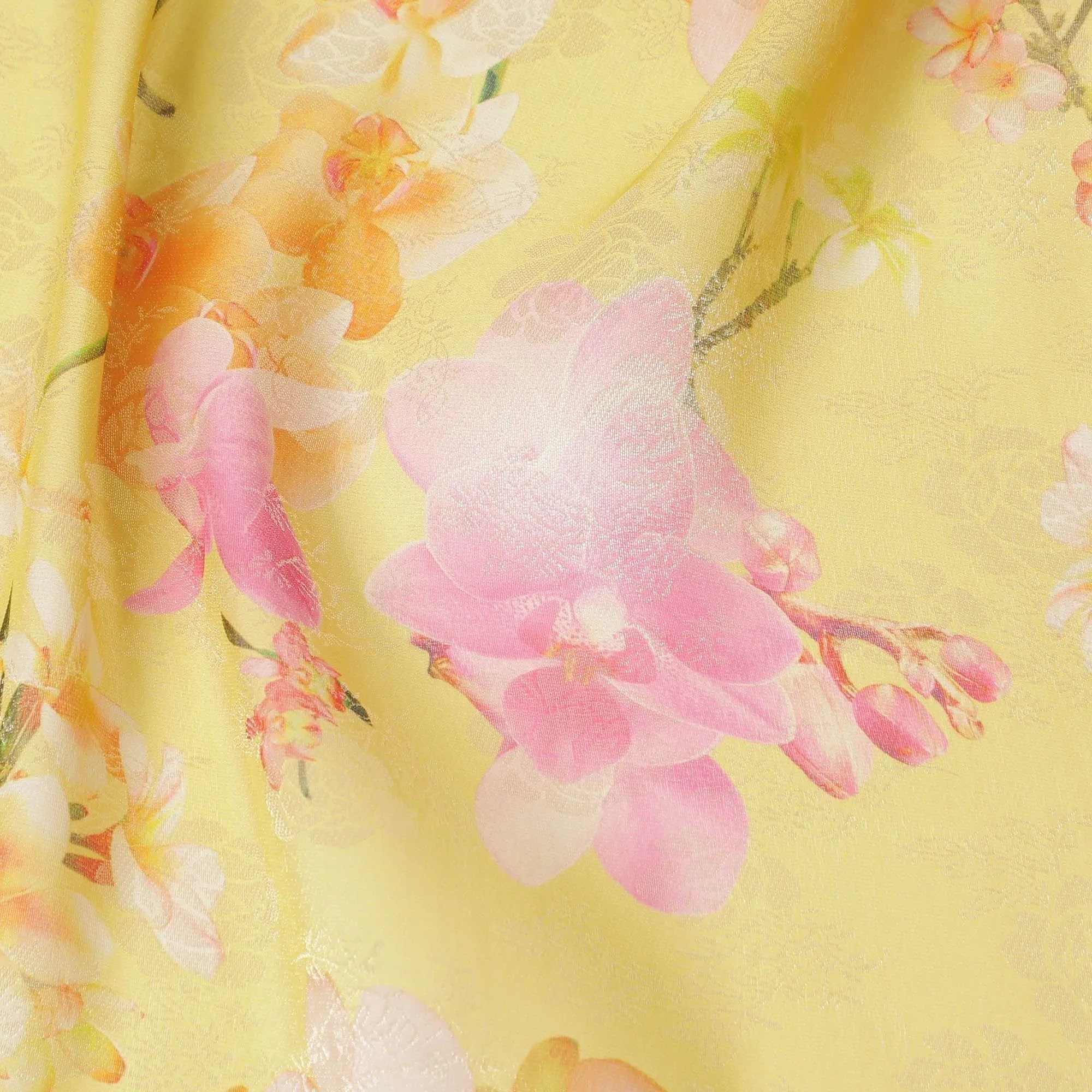 Light mustard yellow silk chiffon fabric with multicolor print in floral design having organza finish-D6637