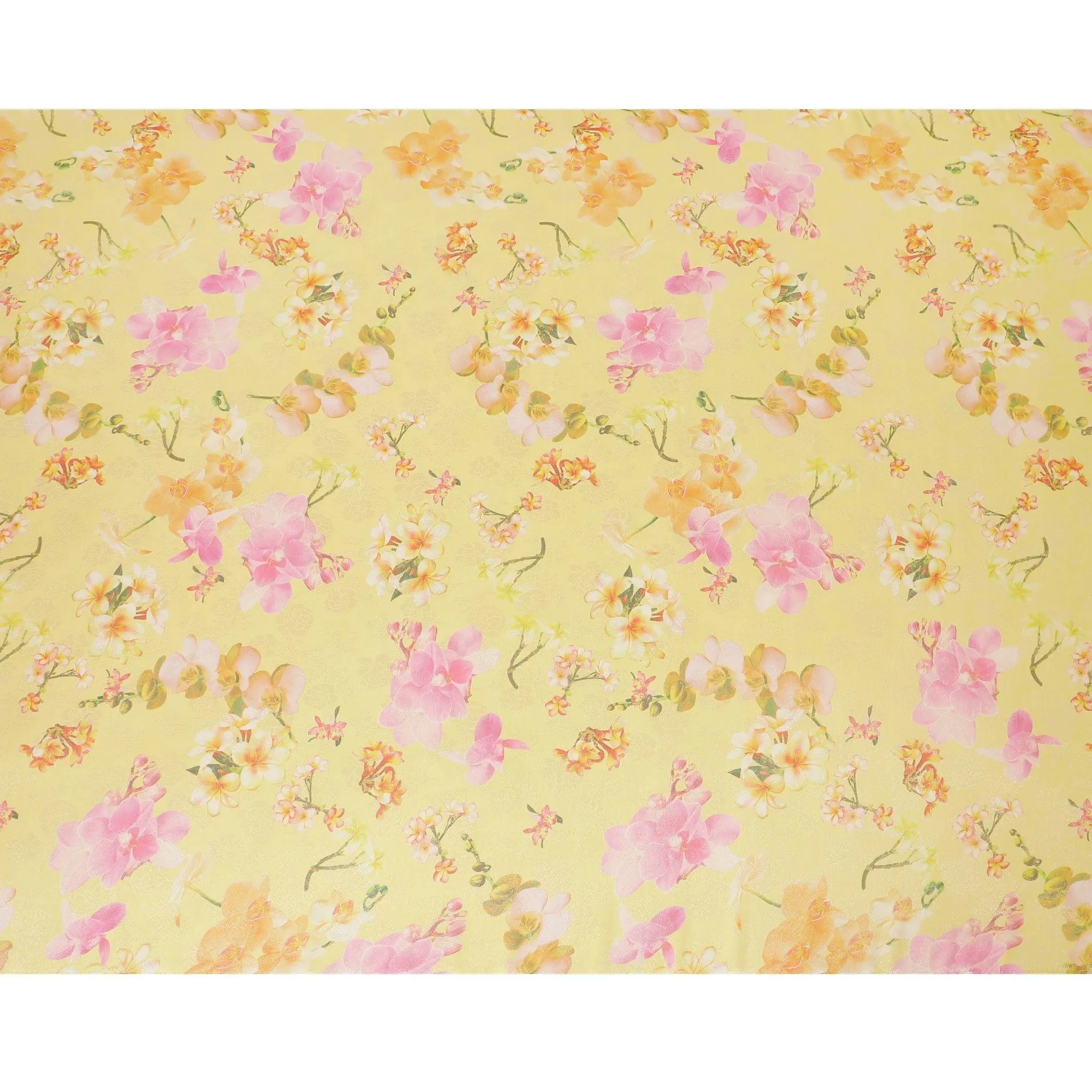 Light mustard yellow silk chiffon fabric with multicolor print in floral design having organza finish-D6637