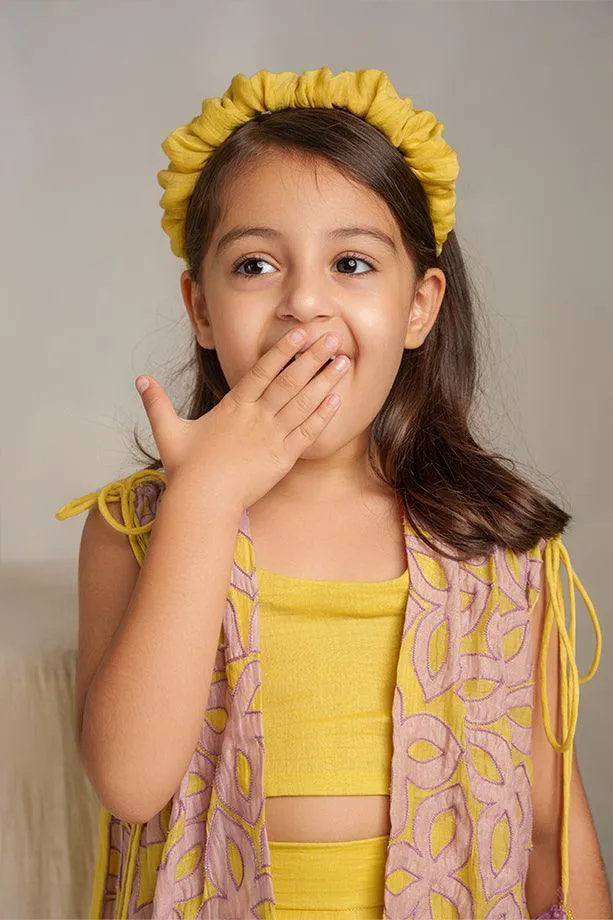 Little Duck- Yellow Chanderi Silk Hand Embroidered Jacket, Crop Top, & Flared Pants Set for Girls