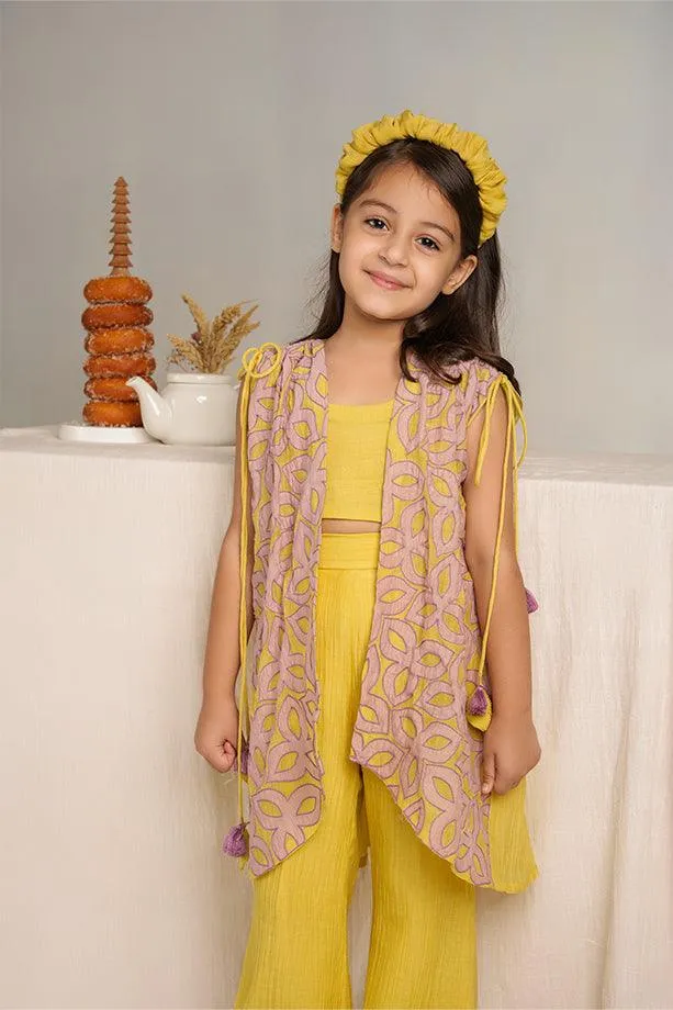 Little Duck- Yellow Chanderi Silk Hand Embroidered Jacket, Crop Top, & Flared Pants Set for Girls