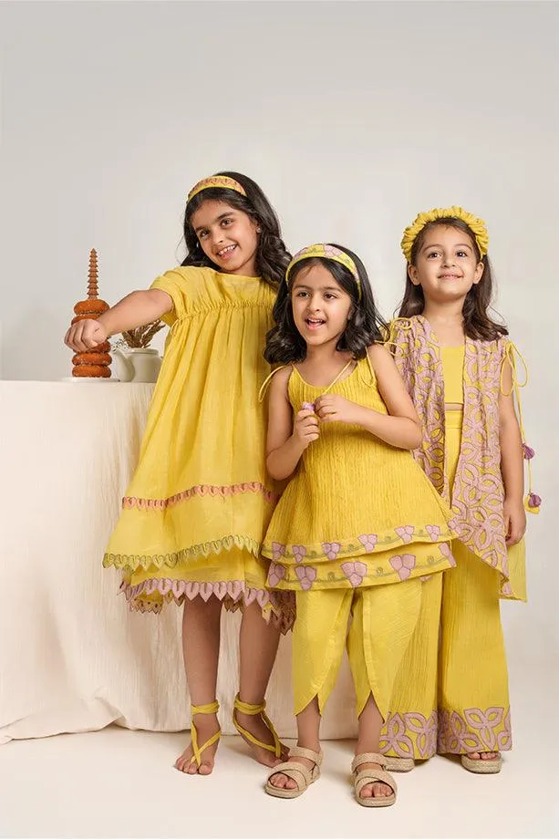 Little Duck- Yellow Chanderi Silk Hand Embroidered Jacket, Crop Top, & Flared Pants Set for Girls