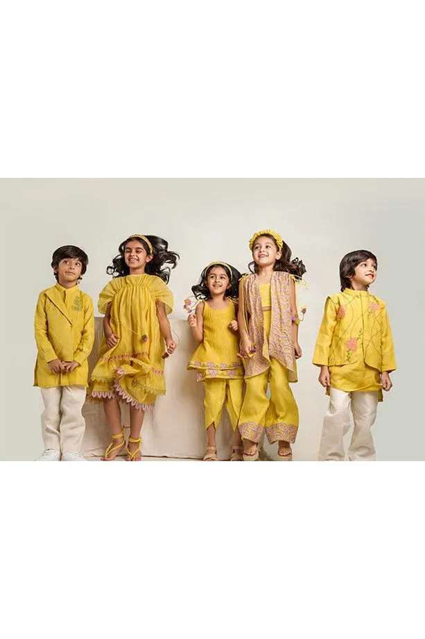 Little Duck- Yellow Chanderi Silk Hand Embroidered Jacket, Crop Top, & Flared Pants Set for Girls