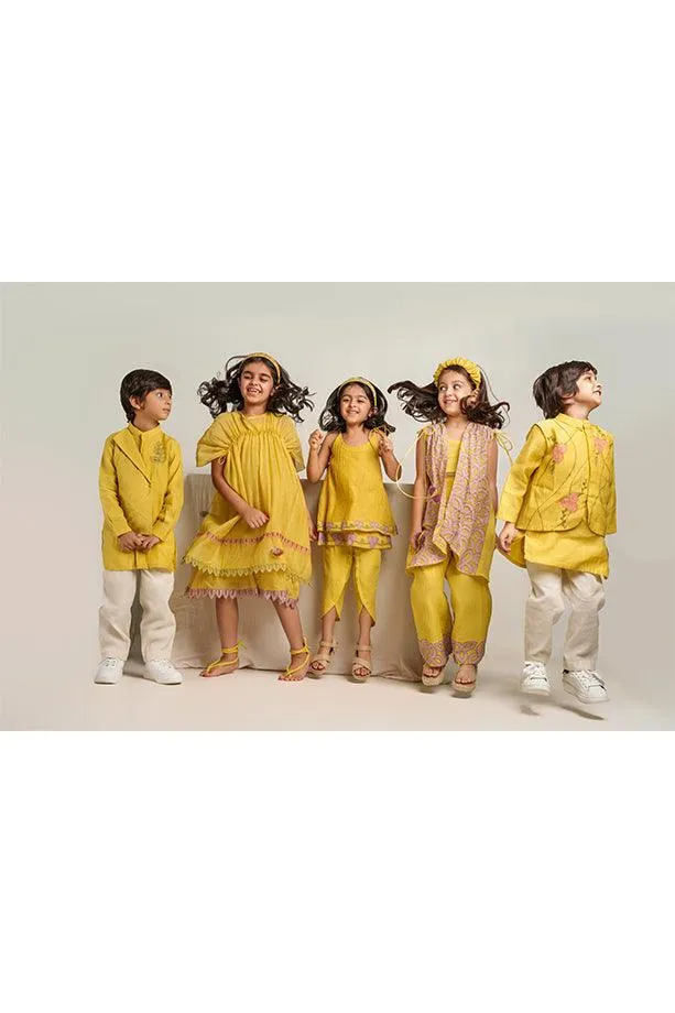 Little Duck- Yellow Chanderi Silk Hand Embroidered Jacket, Crop Top, & Flared Pants Set for Girls