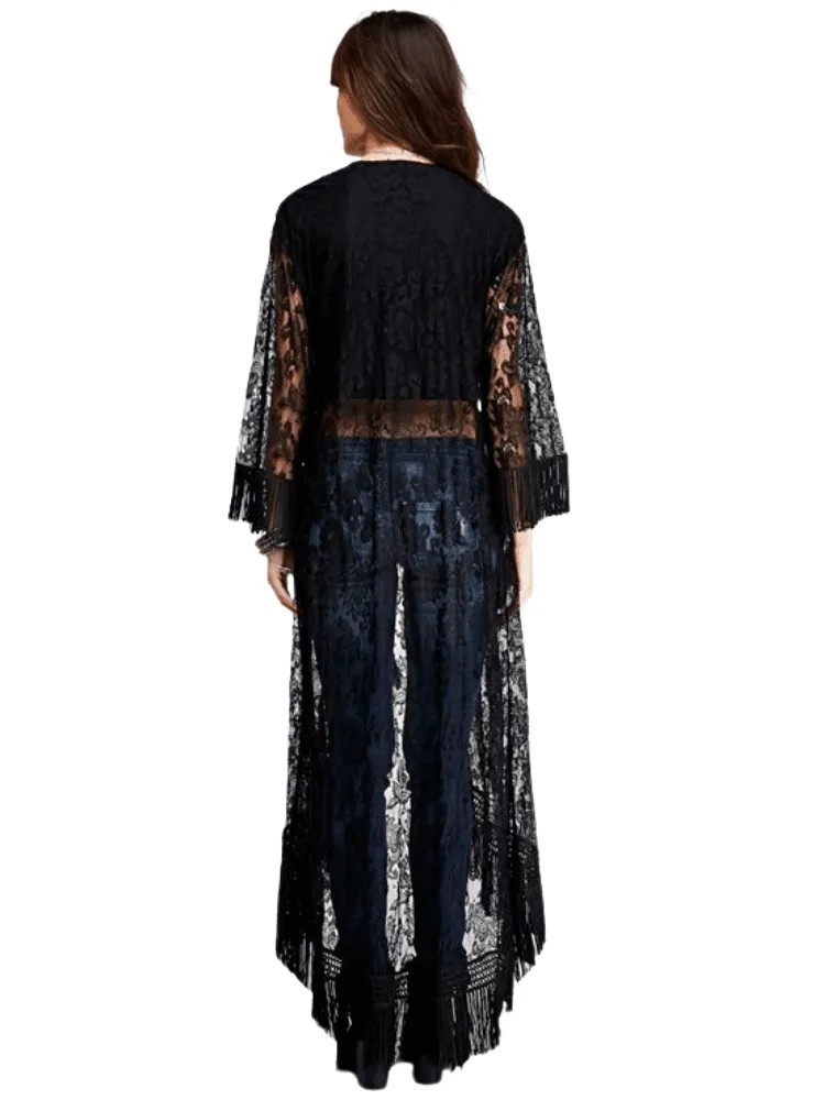 Long Black Lace Tassel Kimono For Women