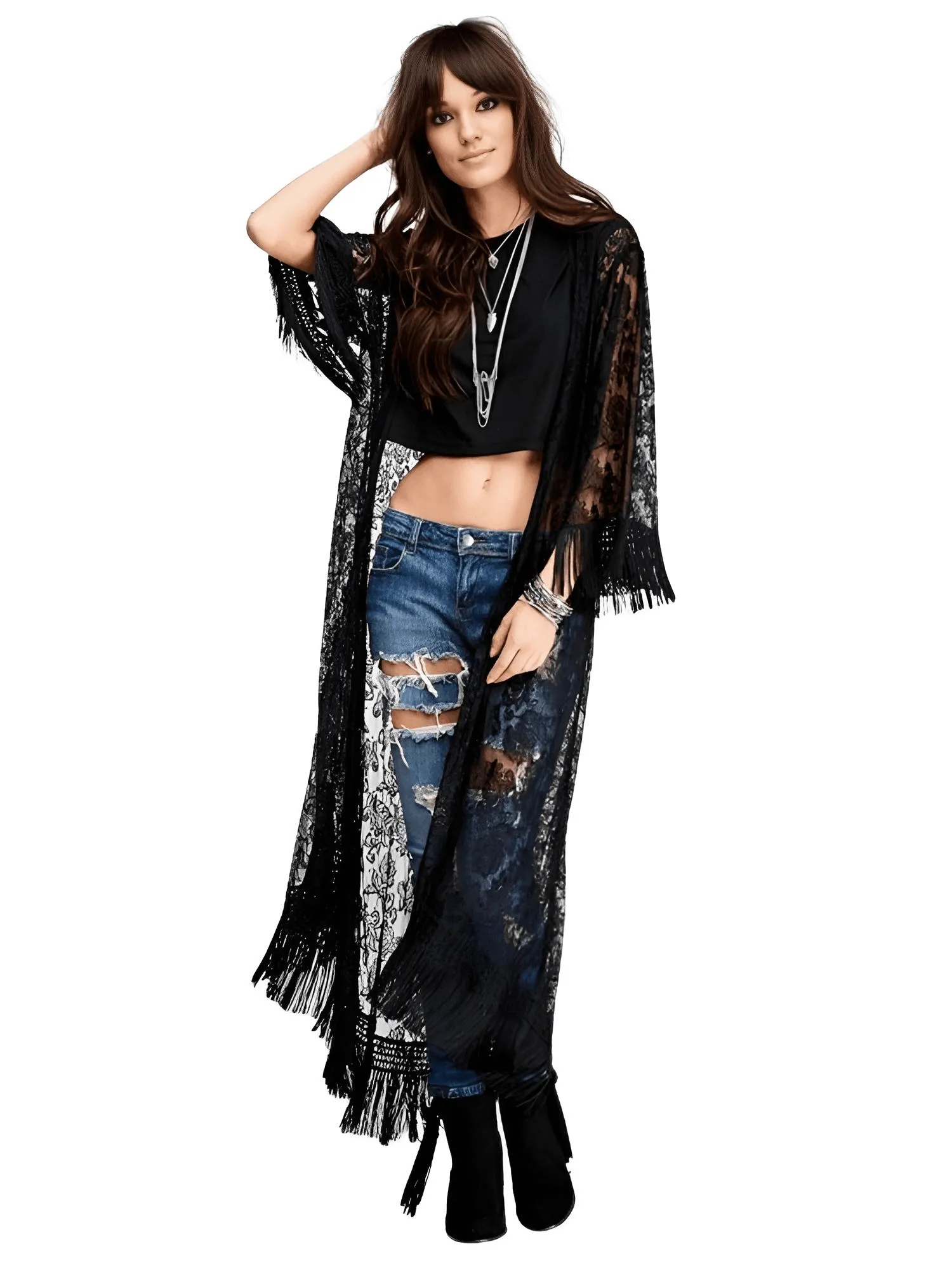 Long Black Lace Tassel Kimono For Women