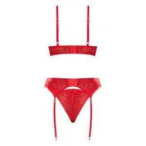 Magic Silk Ooh La Lace Demi Bra, Garter & Tanga Set Red