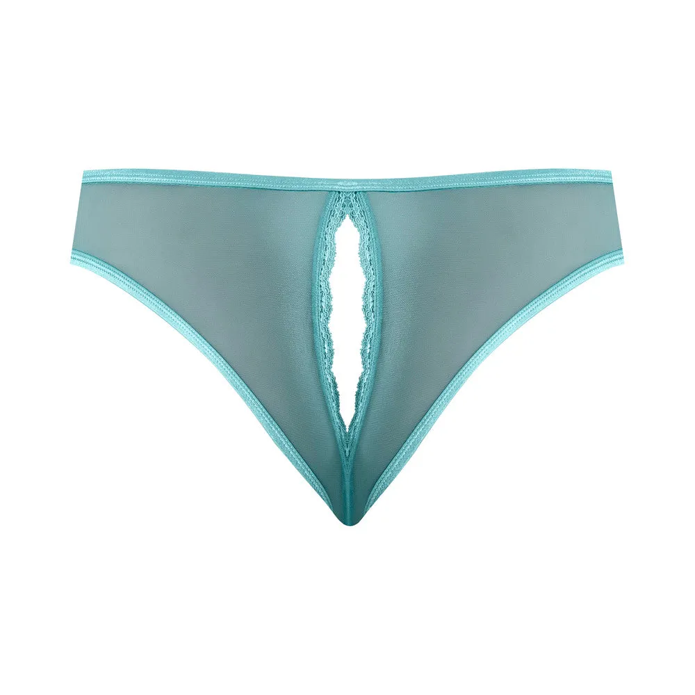 Magic Silk Soft Petals Floral Mesh Crotchless Cheeky Panty Aqua