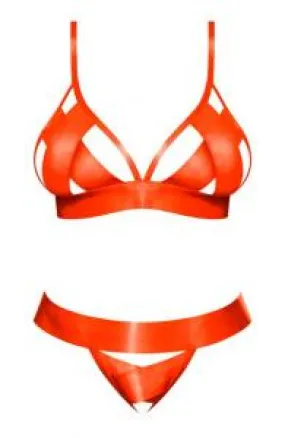 Magic Silk Strap Tease Bra & Crotchless Panty Set Orange