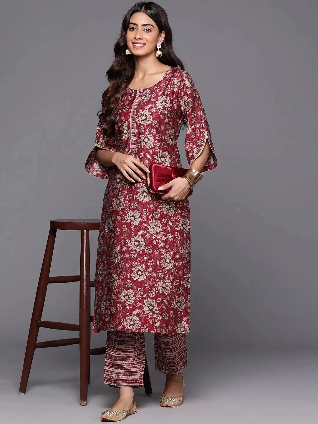 Maroon Printed Silk Blend Straight Kurta Set