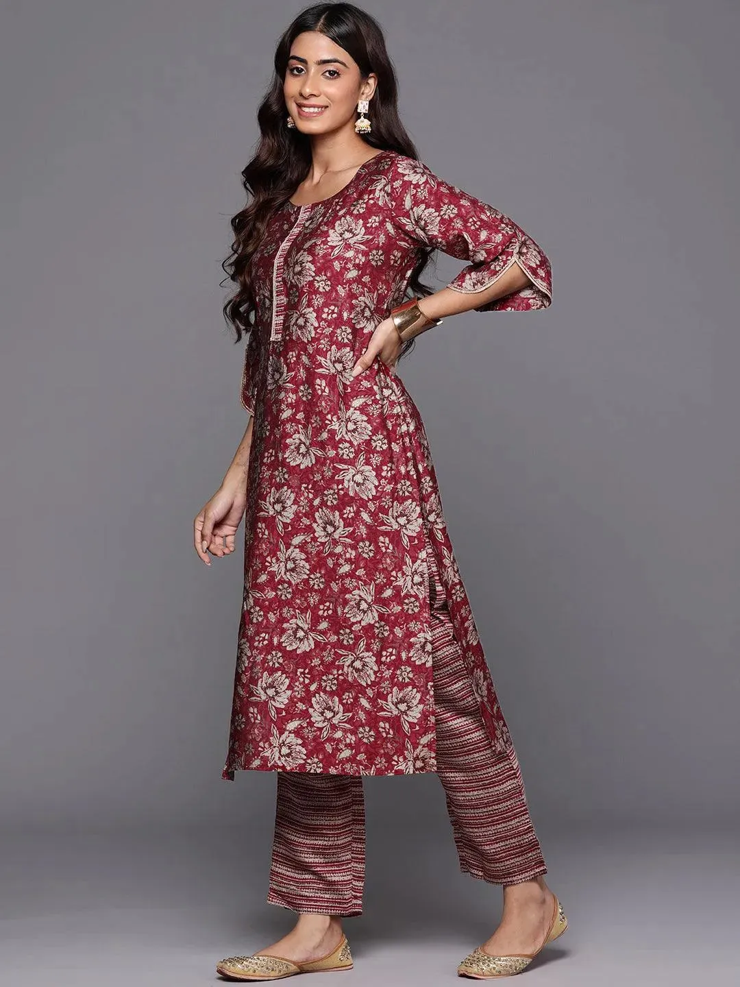 Maroon Printed Silk Blend Straight Kurta Set