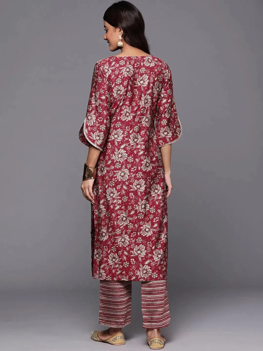 Maroon Printed Silk Blend Straight Kurta Set