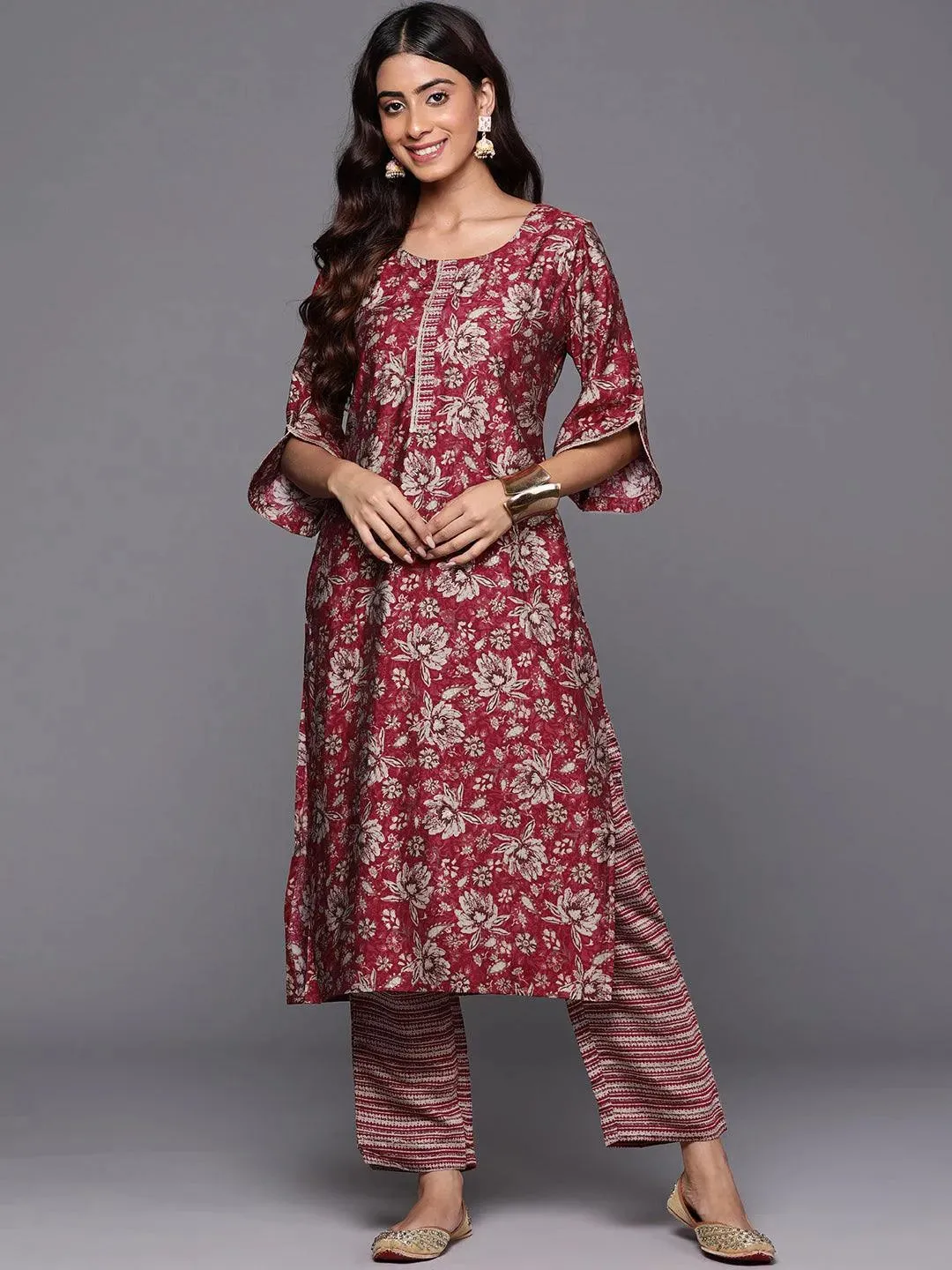 Maroon Printed Silk Blend Straight Kurta Set