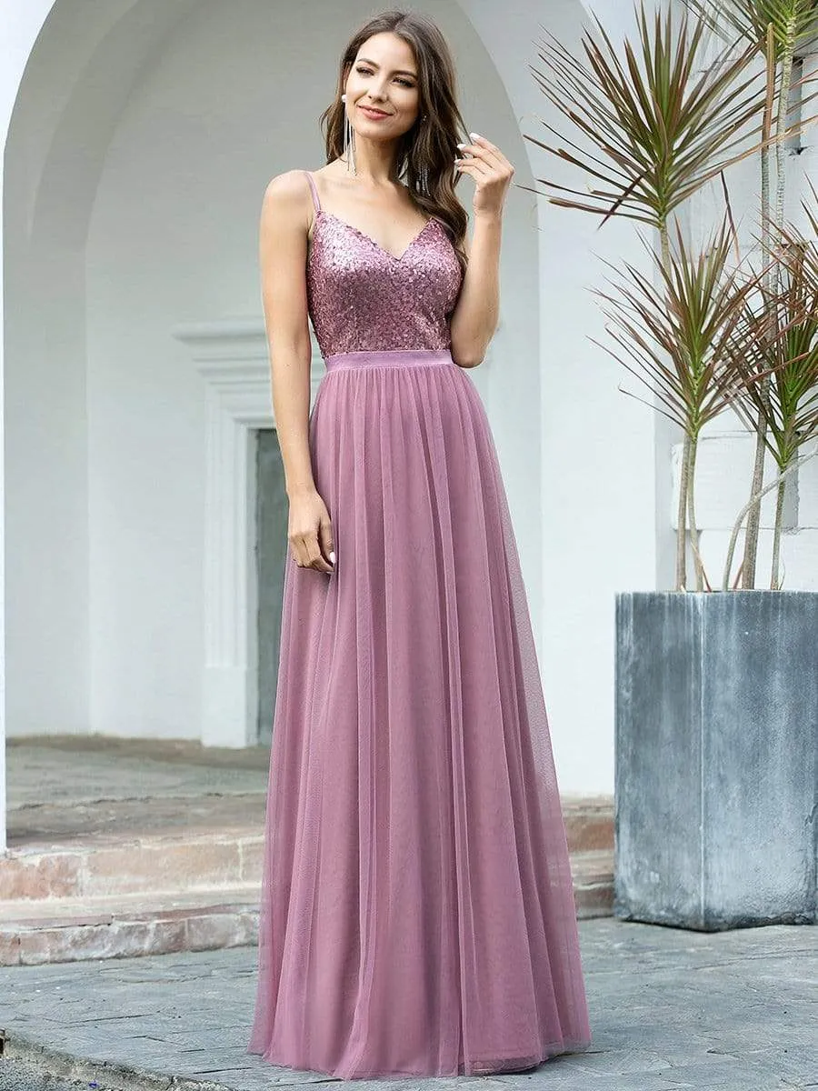 Maxi Long Spaghetti Strap Prom Dress for Women with Sequin