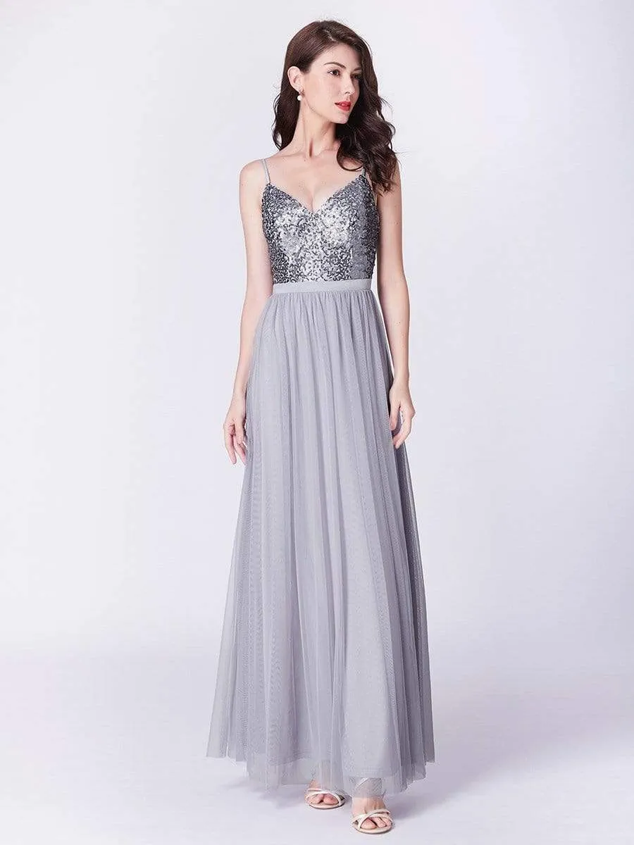 Maxi Long Spaghetti Strap Prom Dress for Women with Sequin