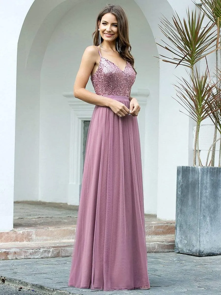 Maxi Long Spaghetti Strap Prom Dress for Women with Sequin