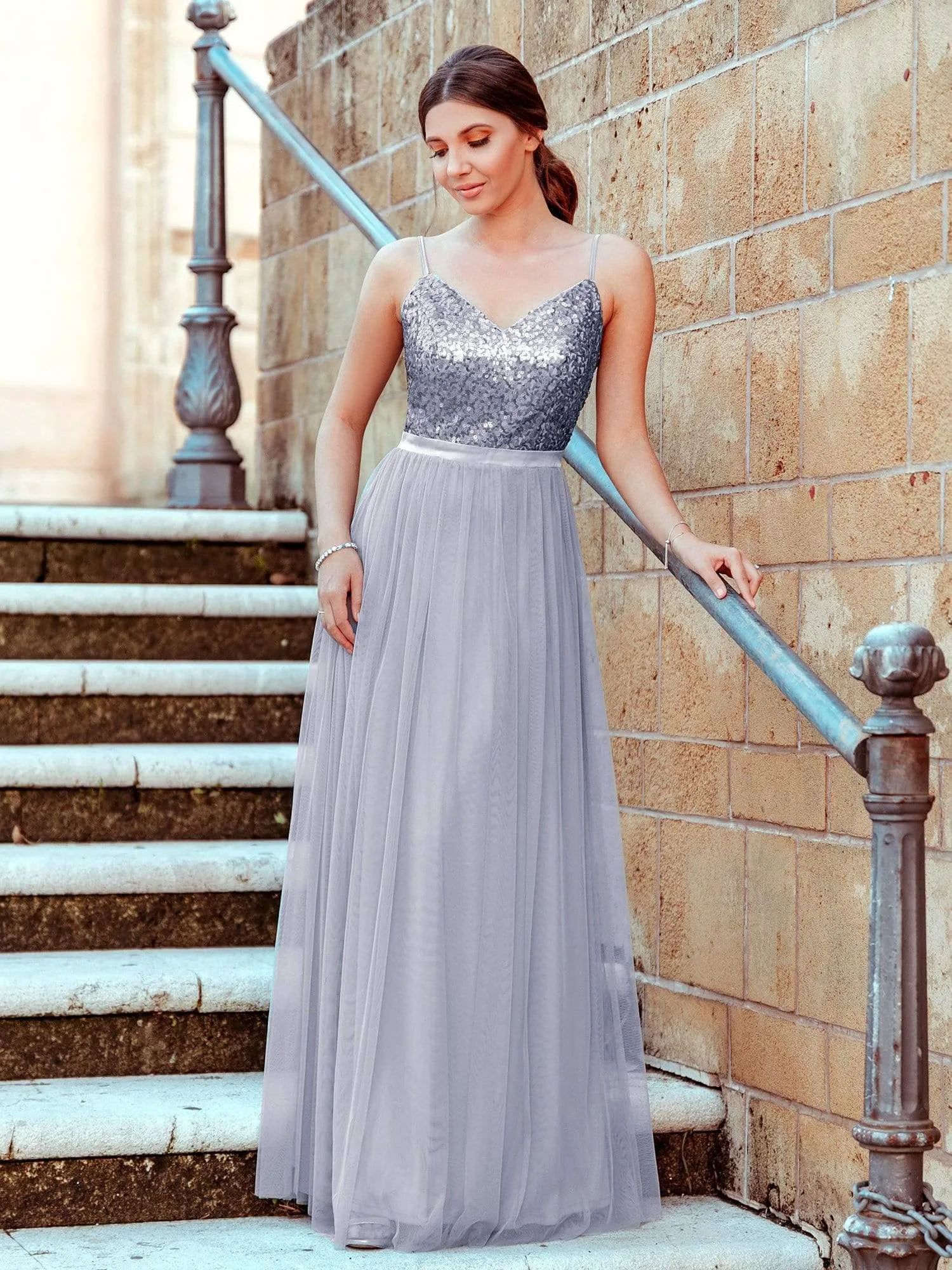 Maxi Long Spaghetti Strap Prom Dress for Women with Sequin