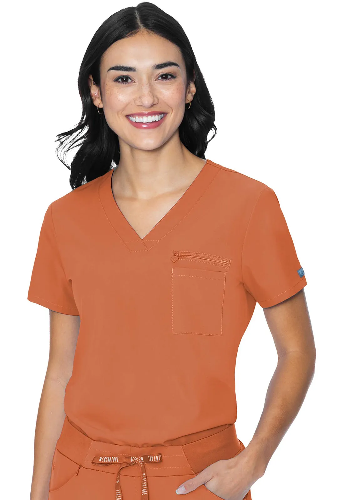 MC Peaches Women's V-Neck Chest Pocket Tuck Top MC8482