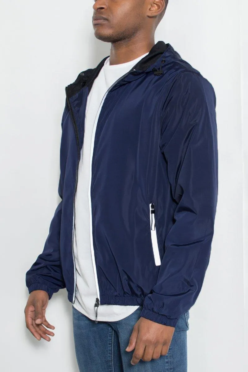 Mens Navy Blue With White Reflective Zipper Windbreaker