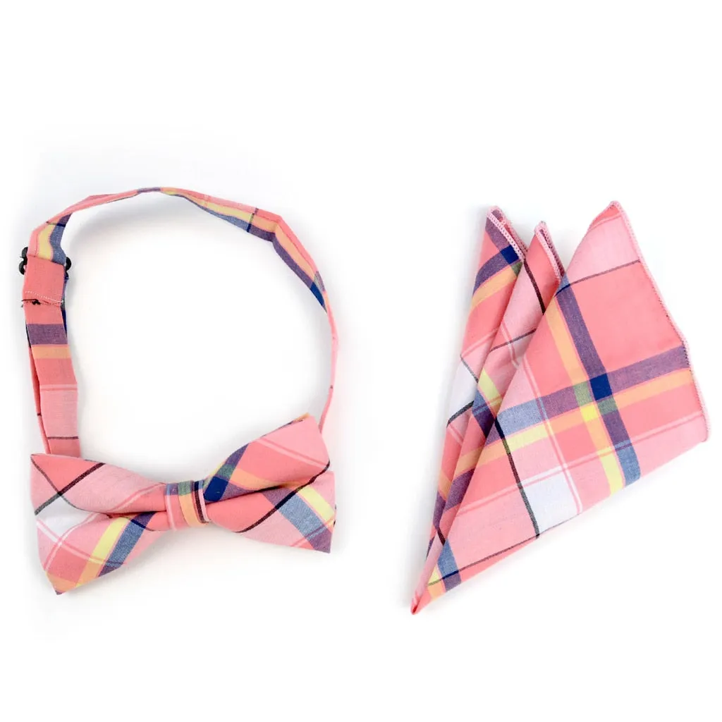 Men's Pink Plaid Cotton Bow Tie & Matching Pocket Square