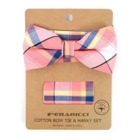 Men's Pink Plaid Cotton Bow Tie & Matching Pocket Square