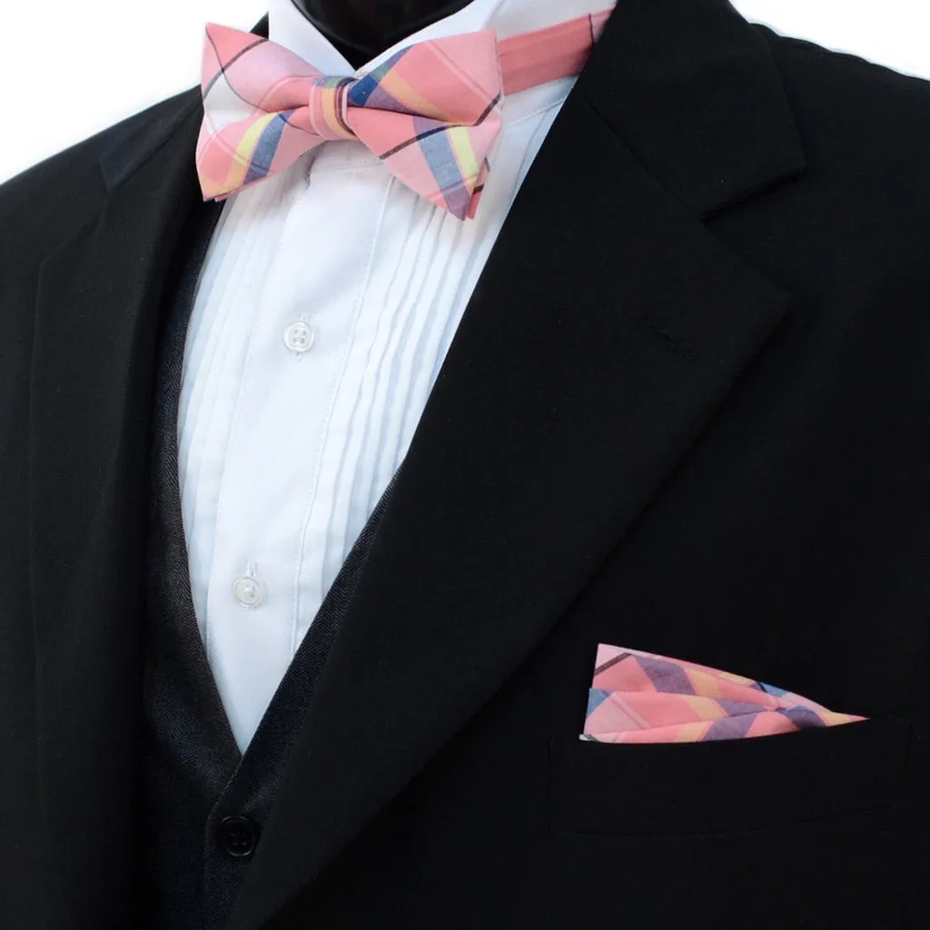 Men's Pink Plaid Cotton Bow Tie & Matching Pocket Square