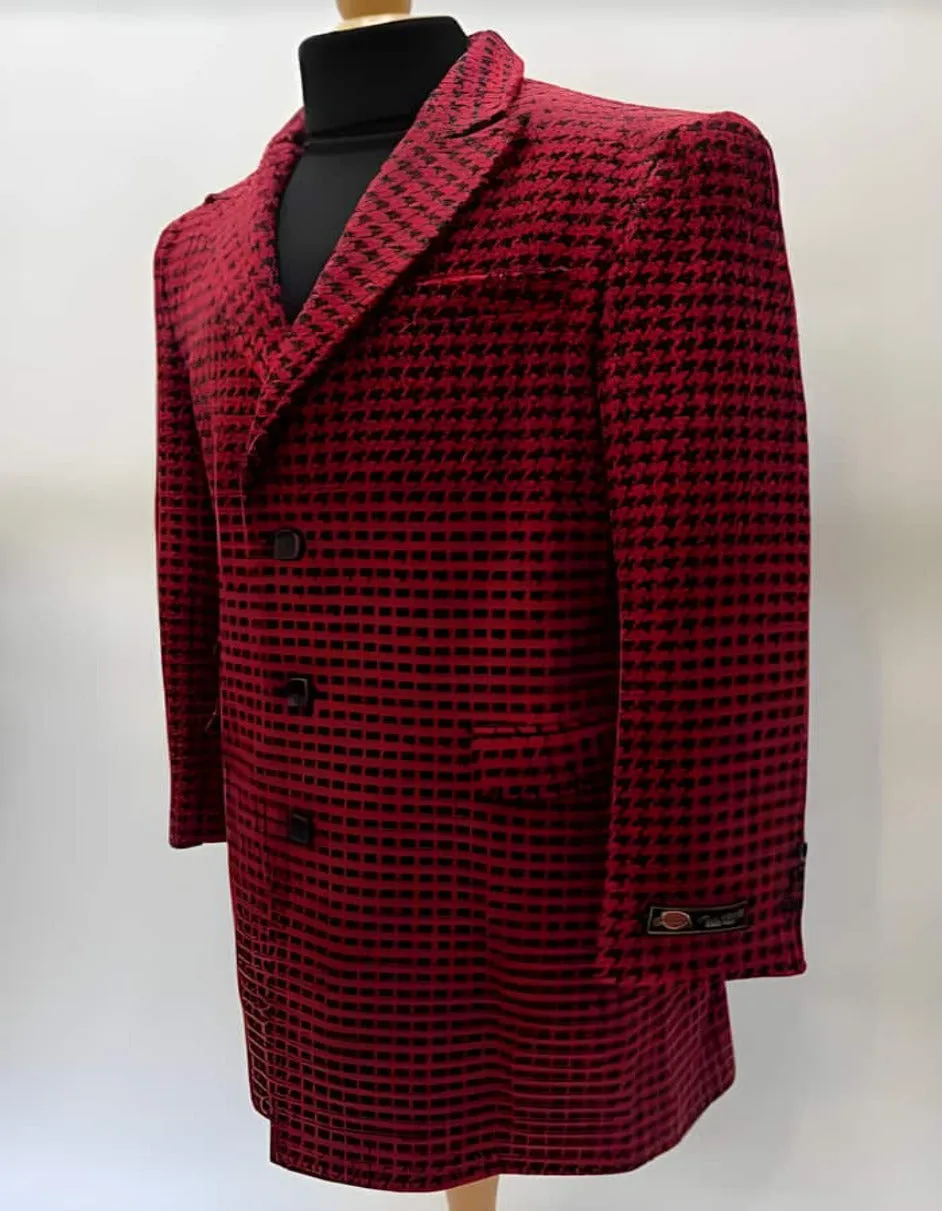 Mens Plaid Overcoat - Hounstooth Checker Pattern Topcoat - Two Button Red